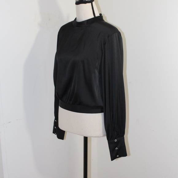 Express Long Sleeve Mock Neck Satin Blouse Open Tie Back Size Medium Rhinestone - Picture 2 of 12